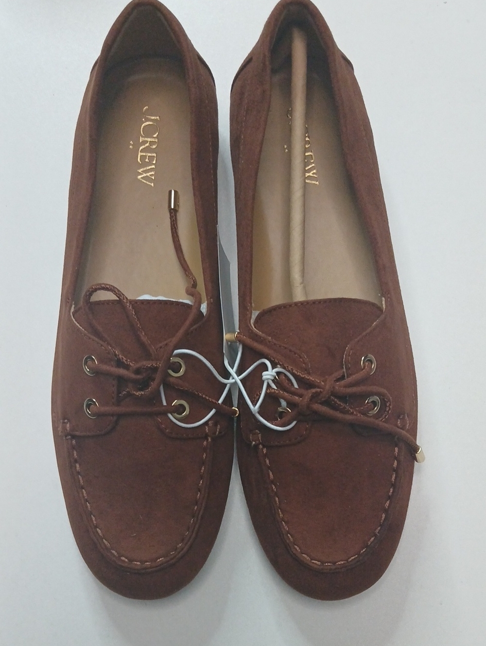 J. Crew Brown Suede Moccasins with Lace Tie and Gold Eyelets
